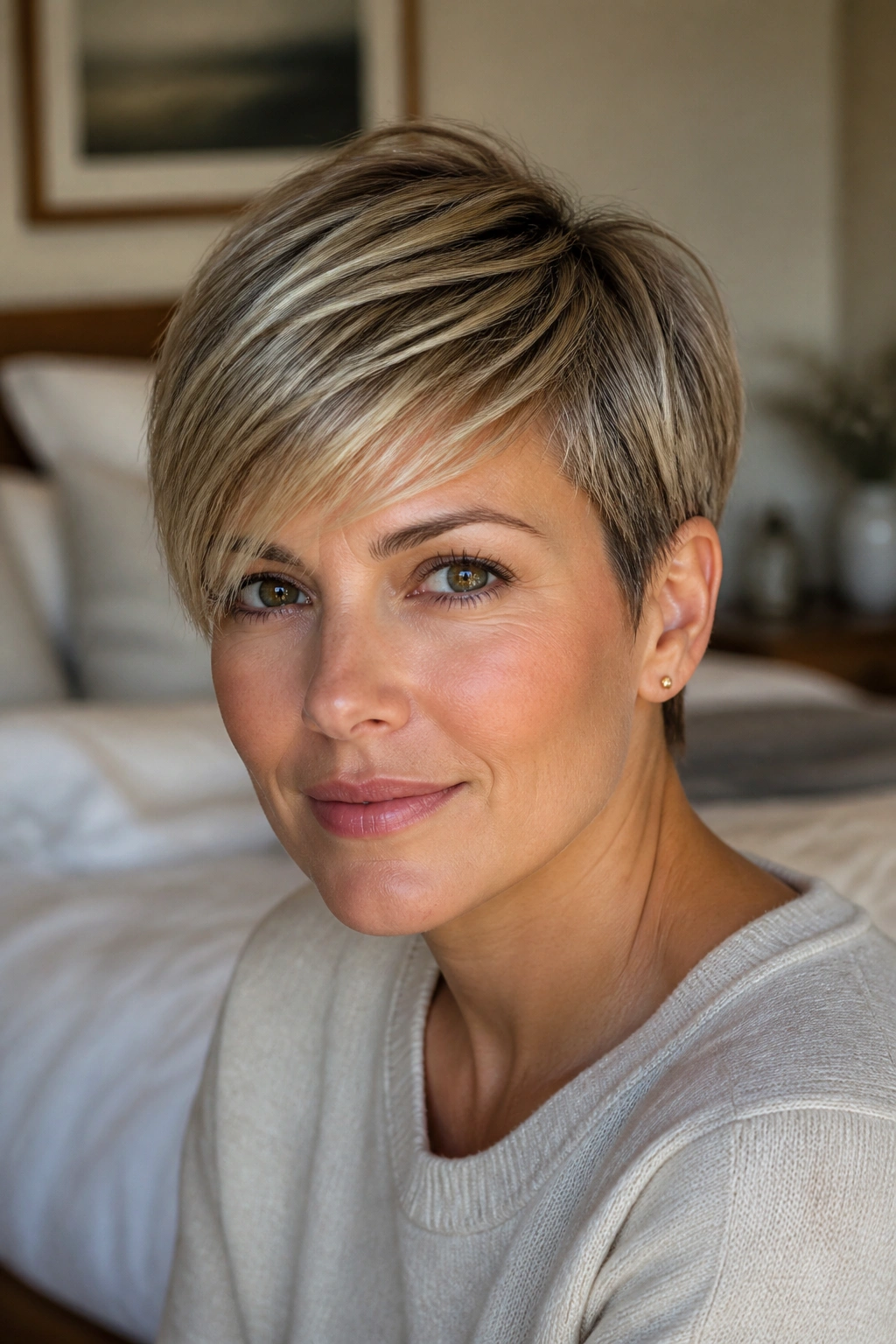 Close-up portrait of a real woman with a side-swept pixie cut softening a square jaw