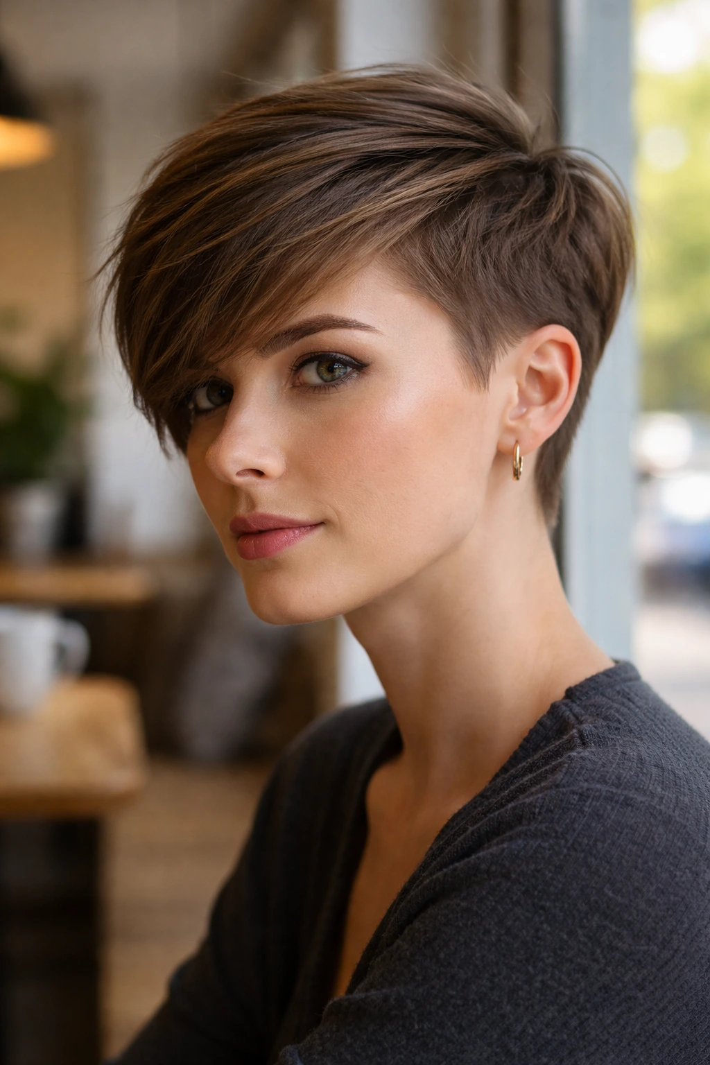 Close-up portrait of a real person with a side-swept pixie and a clean temple line