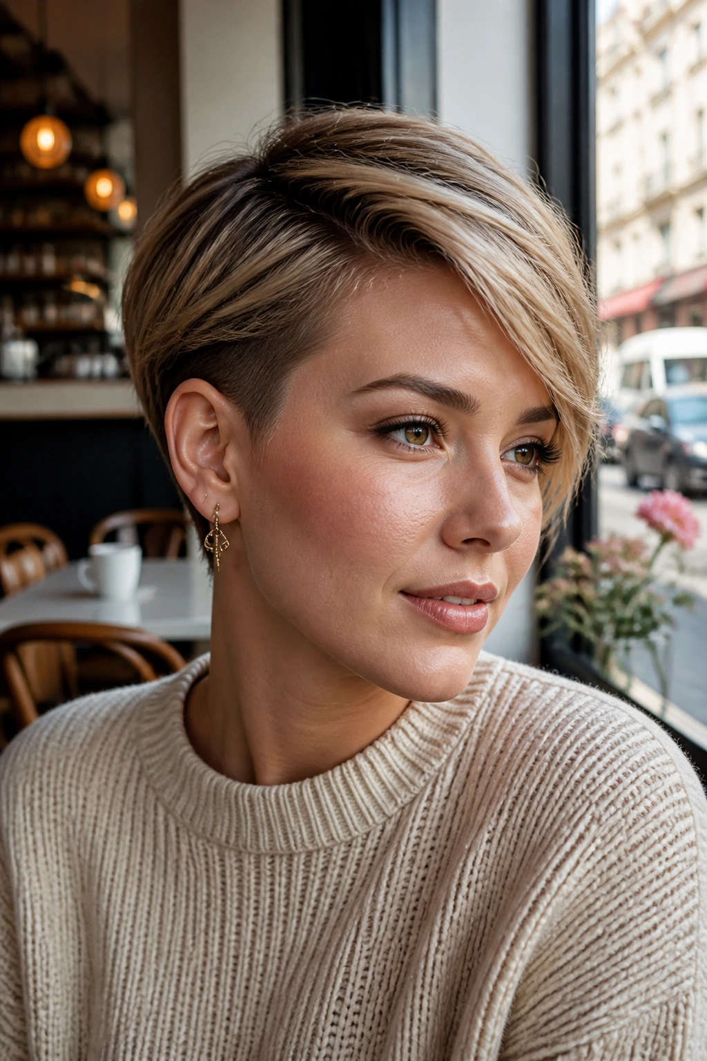 Side-swept pixie with tucked sides on a real person; asymmetrical framing