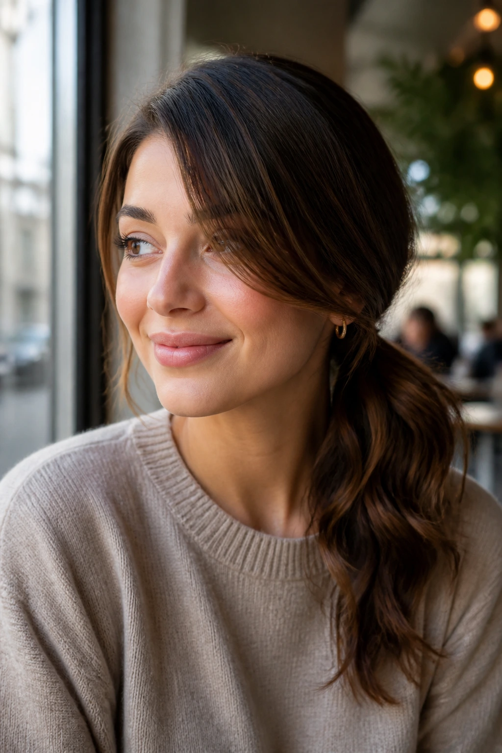 Close-up of a real woman with a side-swept low ponytail