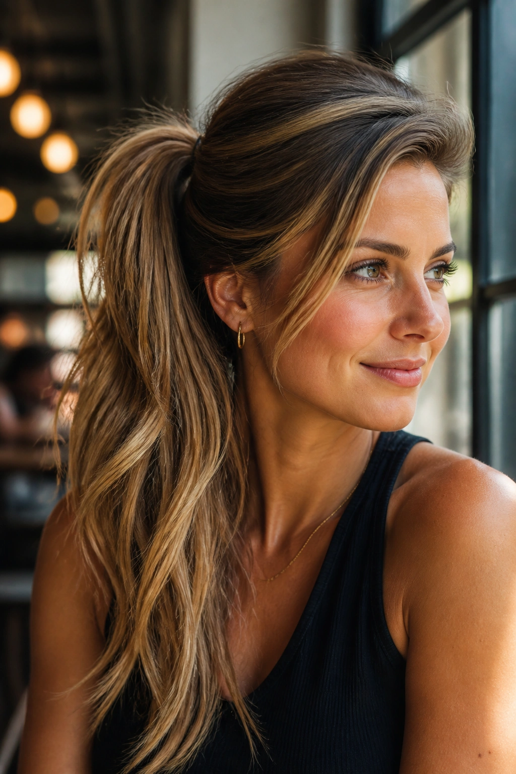 Real woman with side-swept half-up ponytail under natural window light