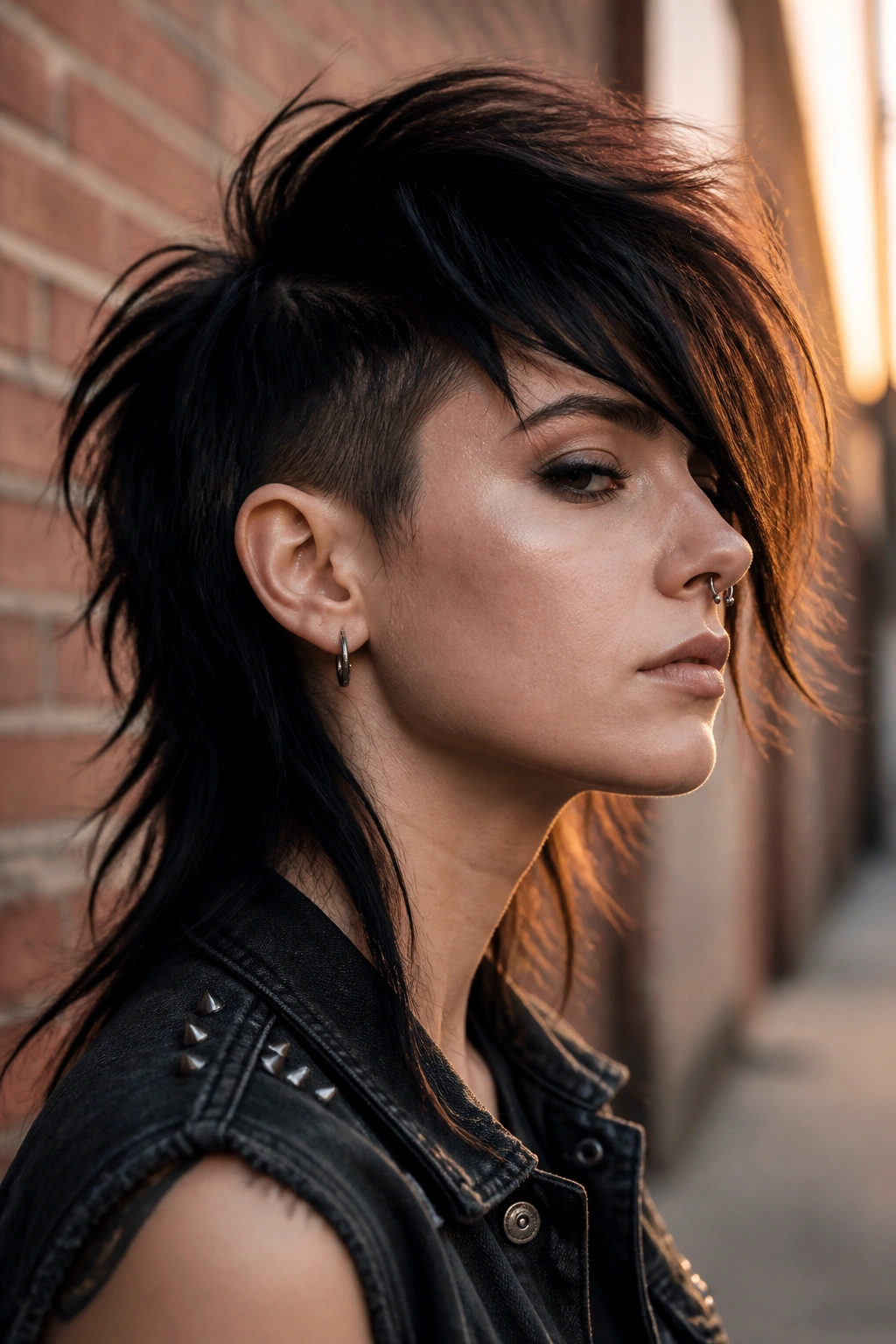 Close-up portrait of a real person with a side-swept punk mullet, fringe swept to one side.