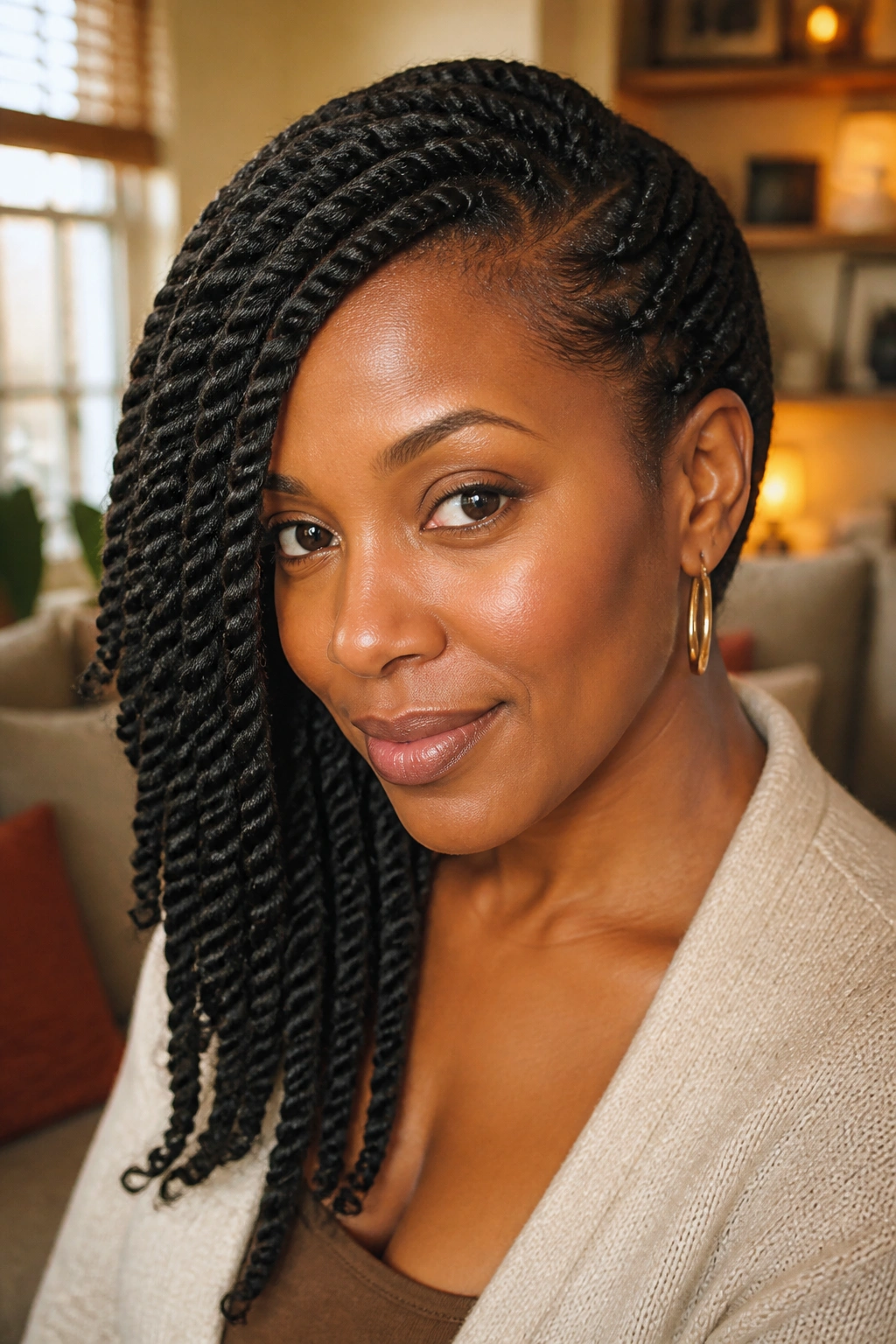 Portrait of a real person with side-swept rope twists