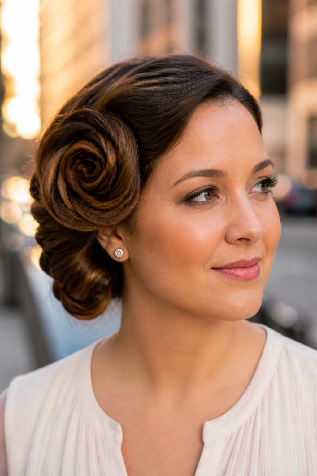 Profile view of a woman with a side-swept rose roll elongating the face