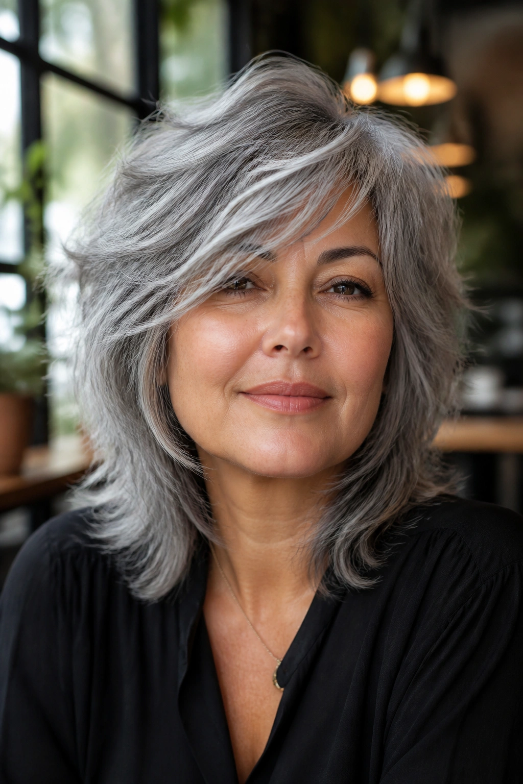 Real woman with side-swept shag and gray hair in a cafe setting.