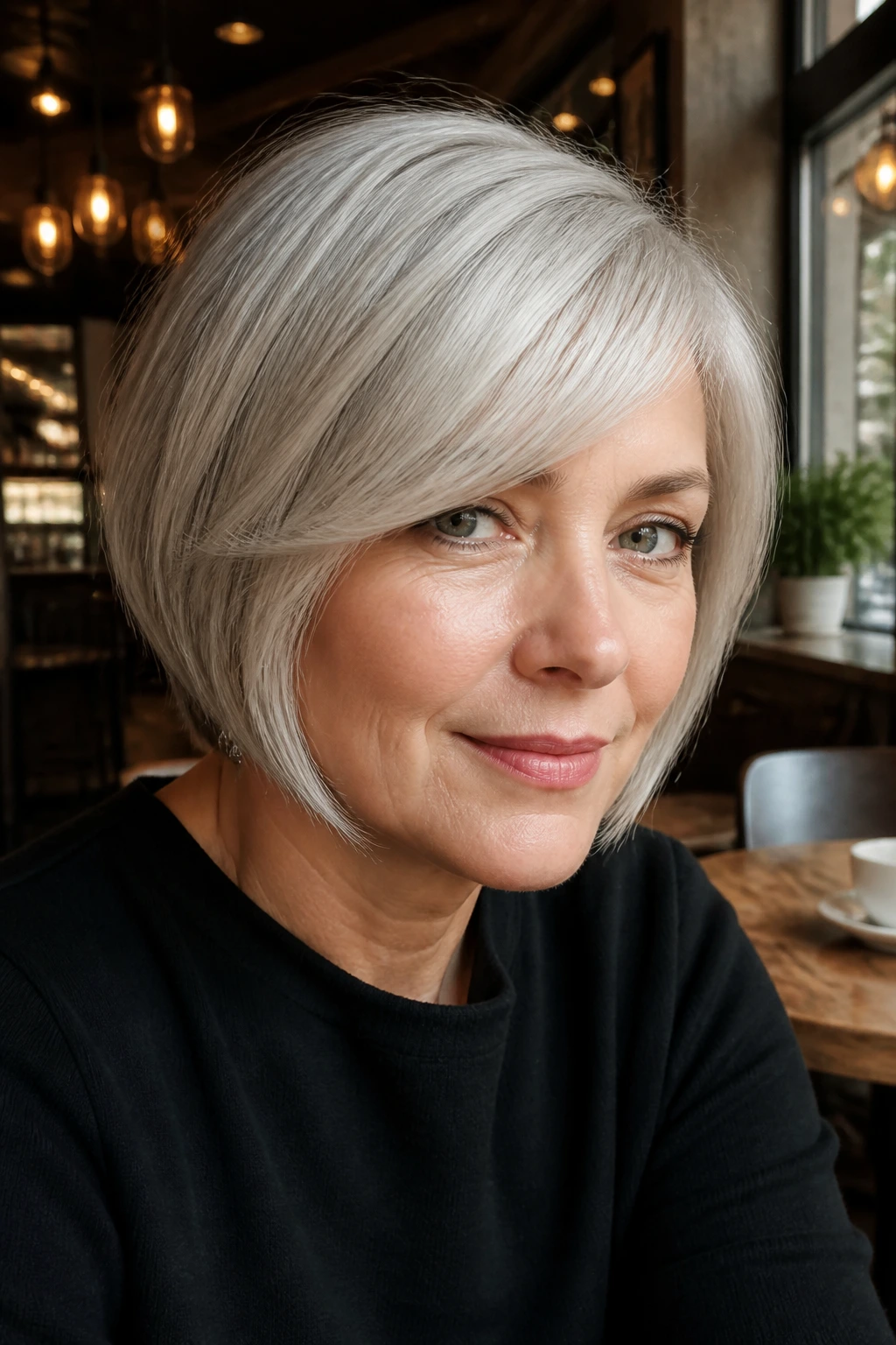 Close-up portrait of a real woman with side-swept fringe silver bob