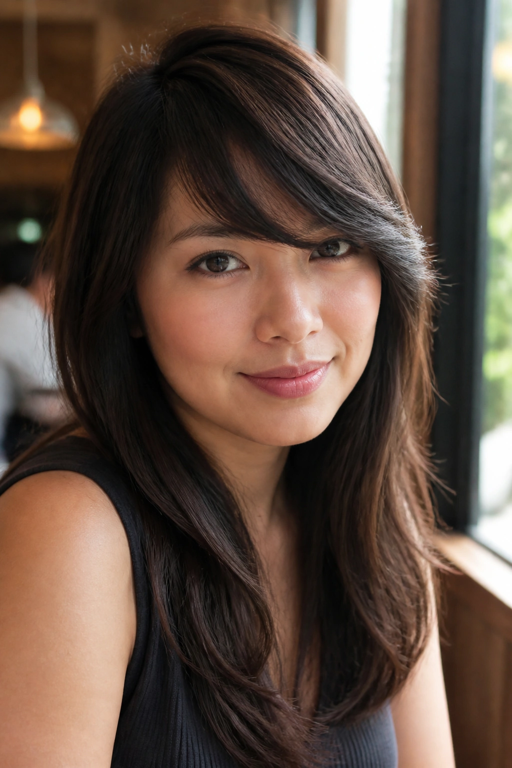 Close-up portrait of a real woman with side-swept thick bangs