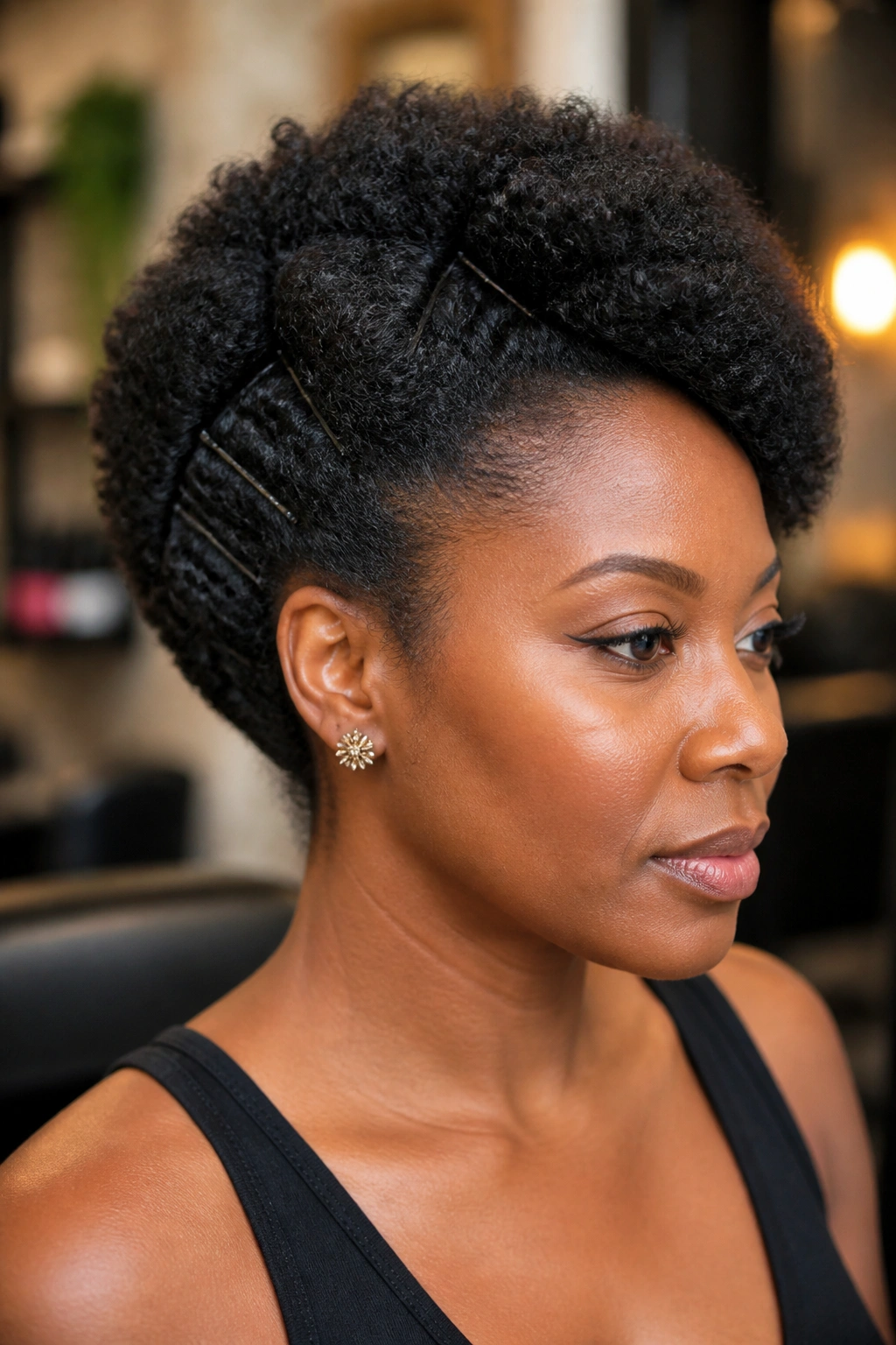 Close-up portrait of a real person with a side-swept tuck and pin hairstyle.