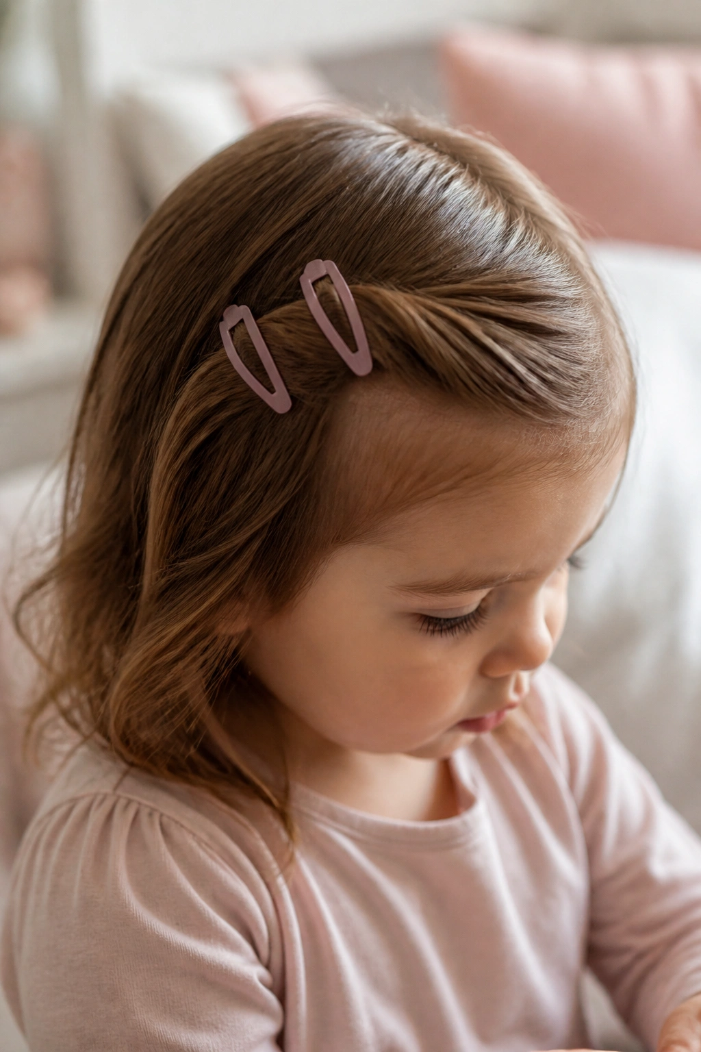 Close-up of real toddler head showing a side-swept twist with clips