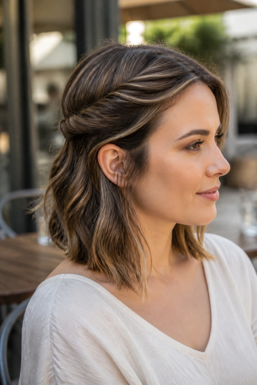 Side-profile portrait showing a side-swept twist pinned behind the ear