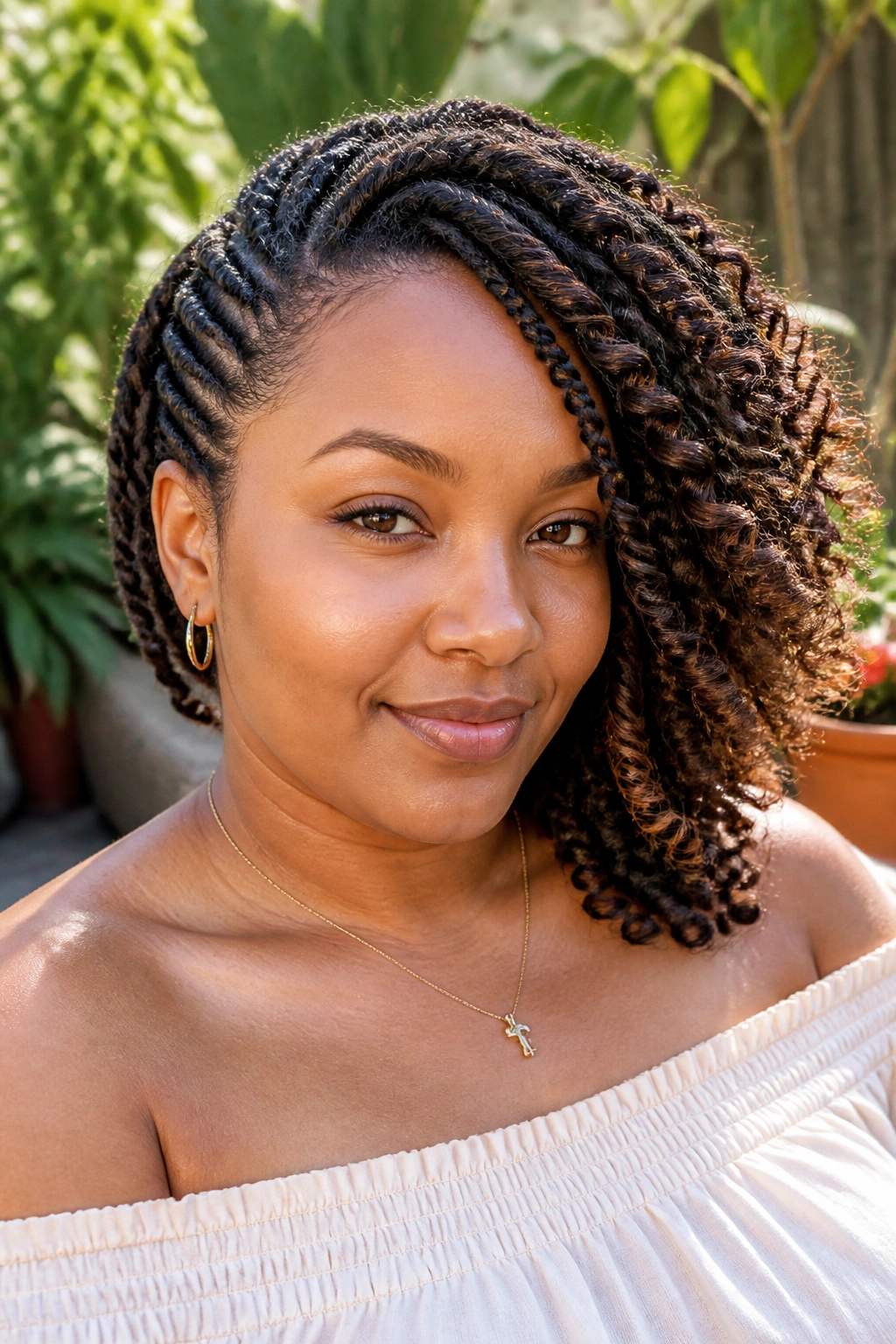 Real woman with side-swept twists and braid-out in sunny garden setting.