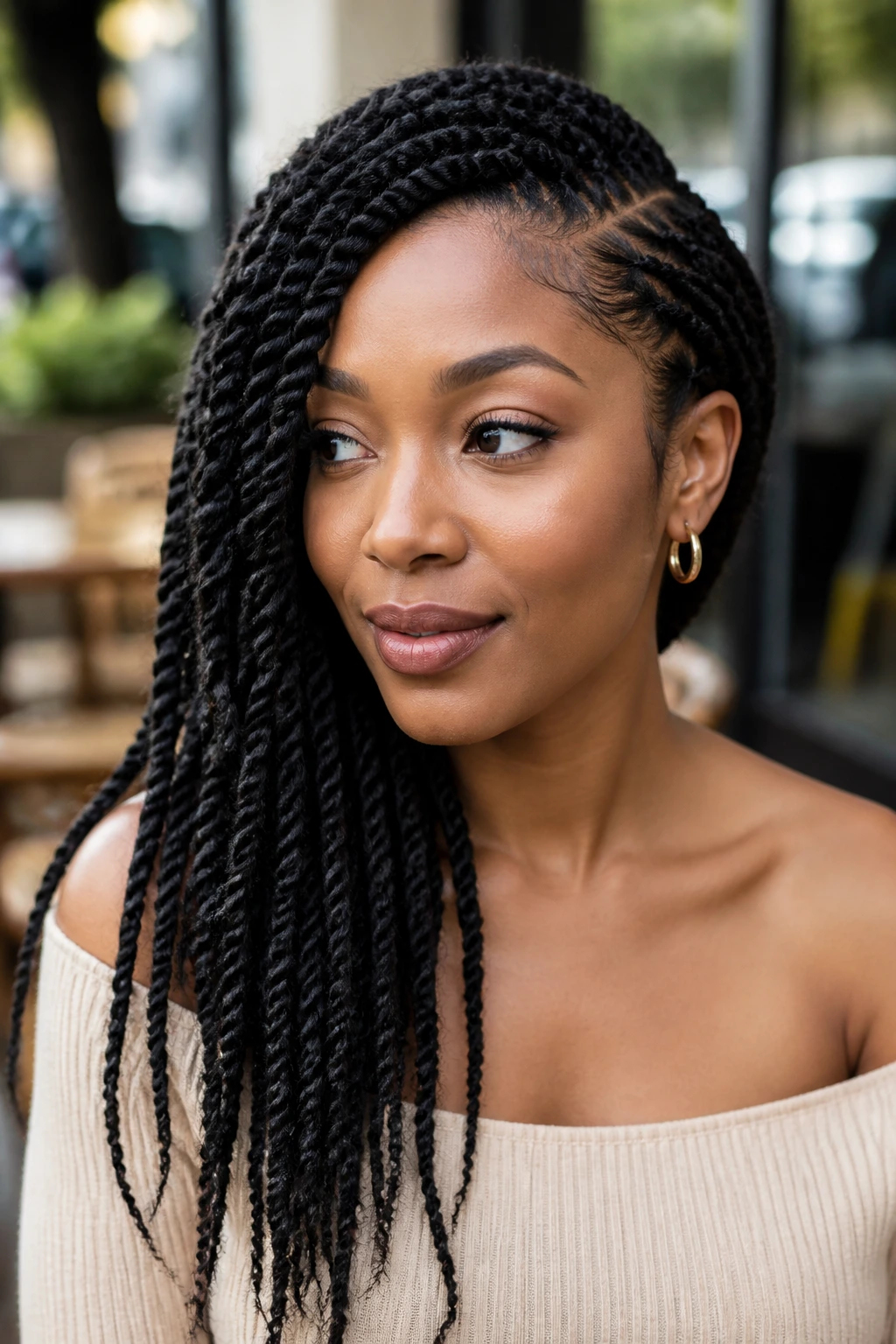 Close-up of a real woman with side-swept twists and deep part