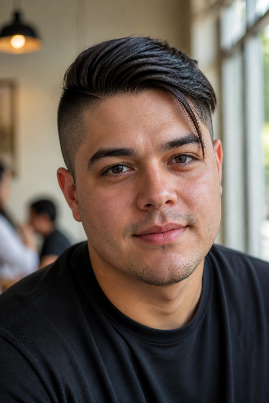 Close-up portrait of a man with a side-swept undercut in a cafe setting