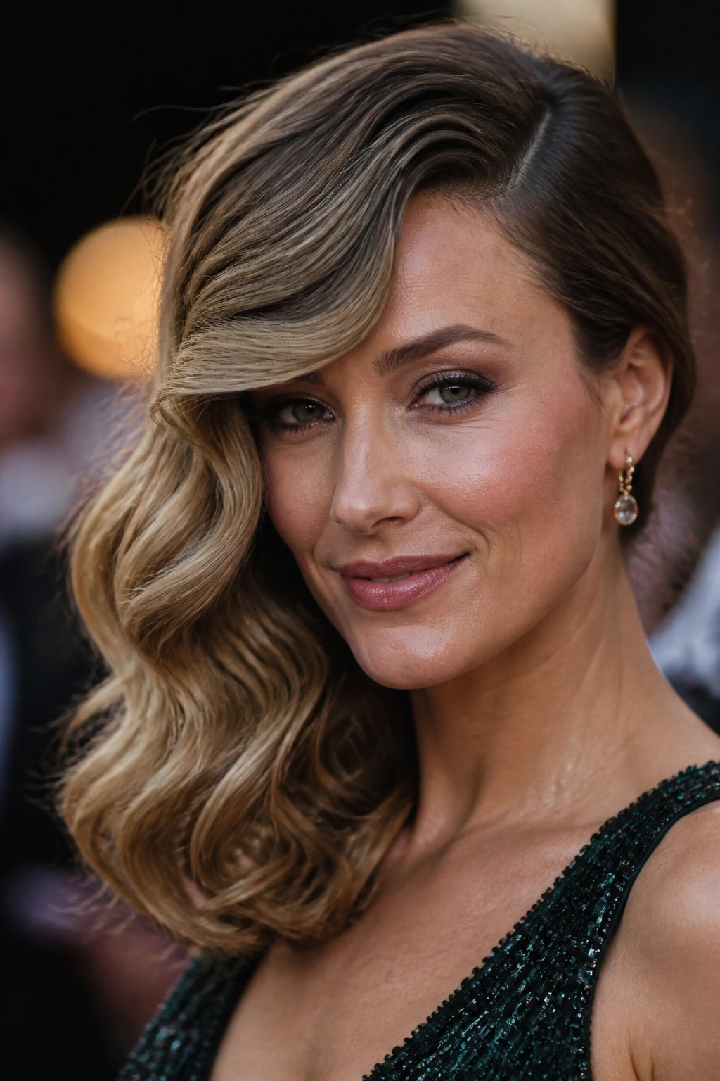 Real woman with side swept waves and deep bend in an evening setting