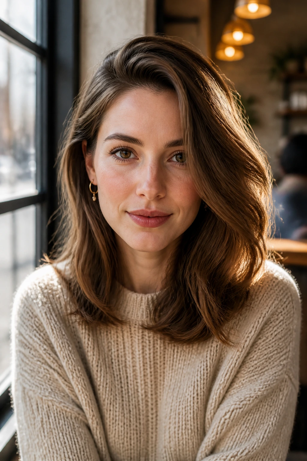 Real woman with side-swept waves that lengthen the face in a cafe window setting