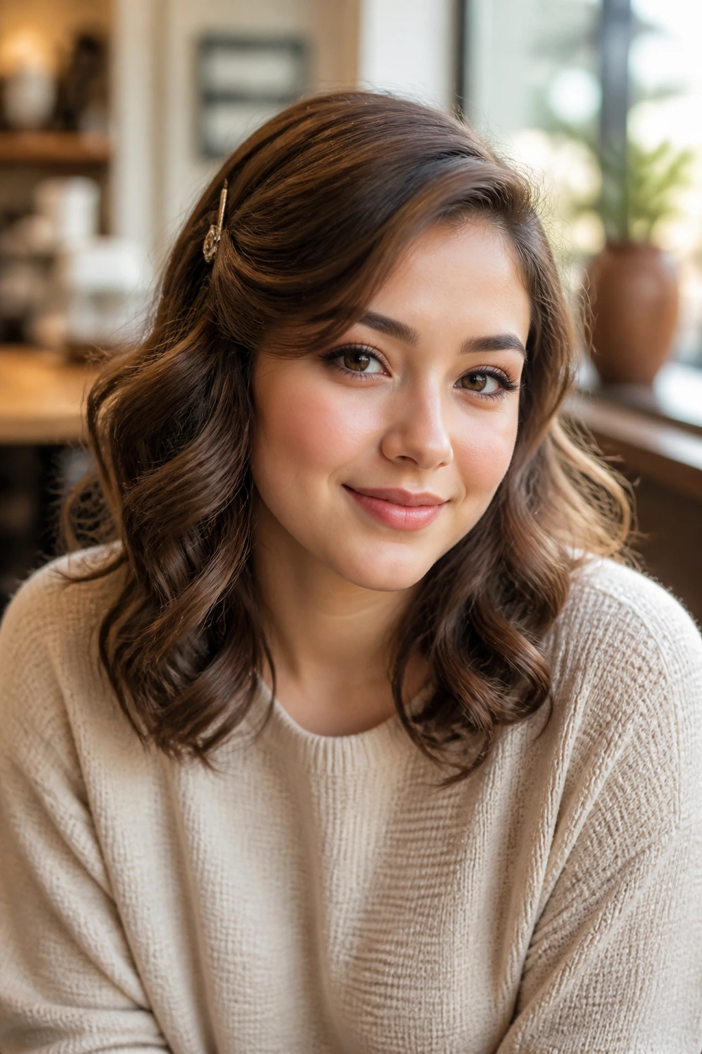 Close-up portrait of a woman with side-swept waves and a pinned temple detail.