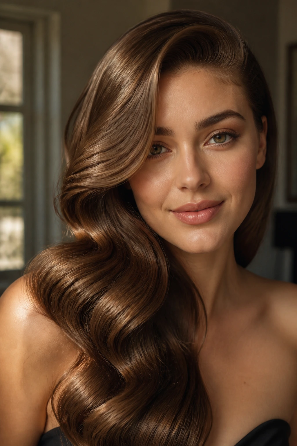 Close-up portrait of a real woman with side-swept Hollywood waves and a soft side part