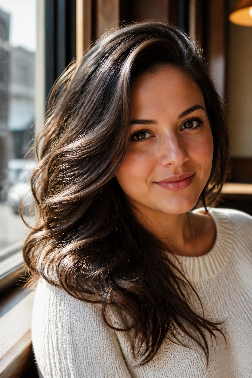 Portrait of a real person with side-swept waves framing the face in natural light