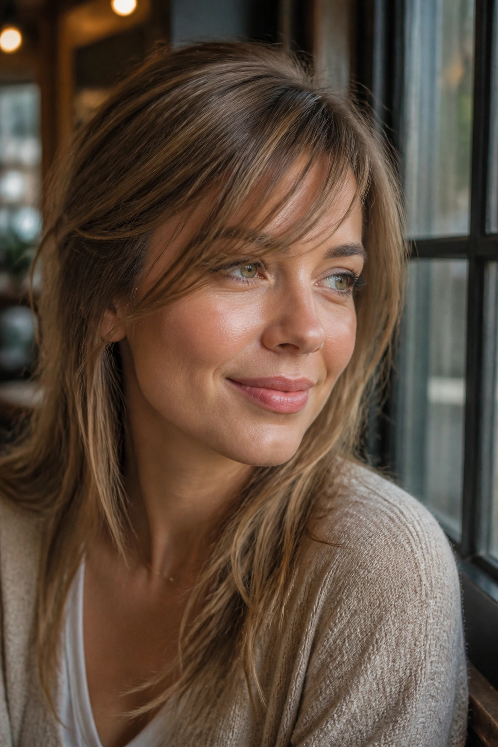 Close-up portrait of a real woman with side-swept wispy bangs in a sunlit cafe