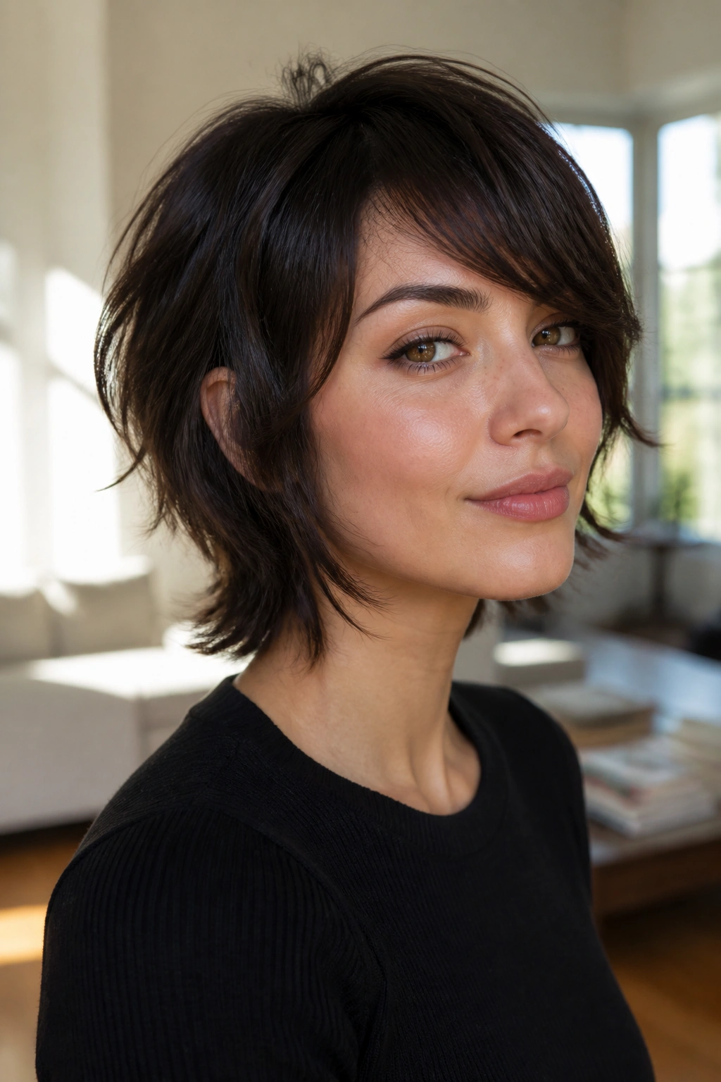 Close-up portrait of a real woman with a side-swept wolf cut