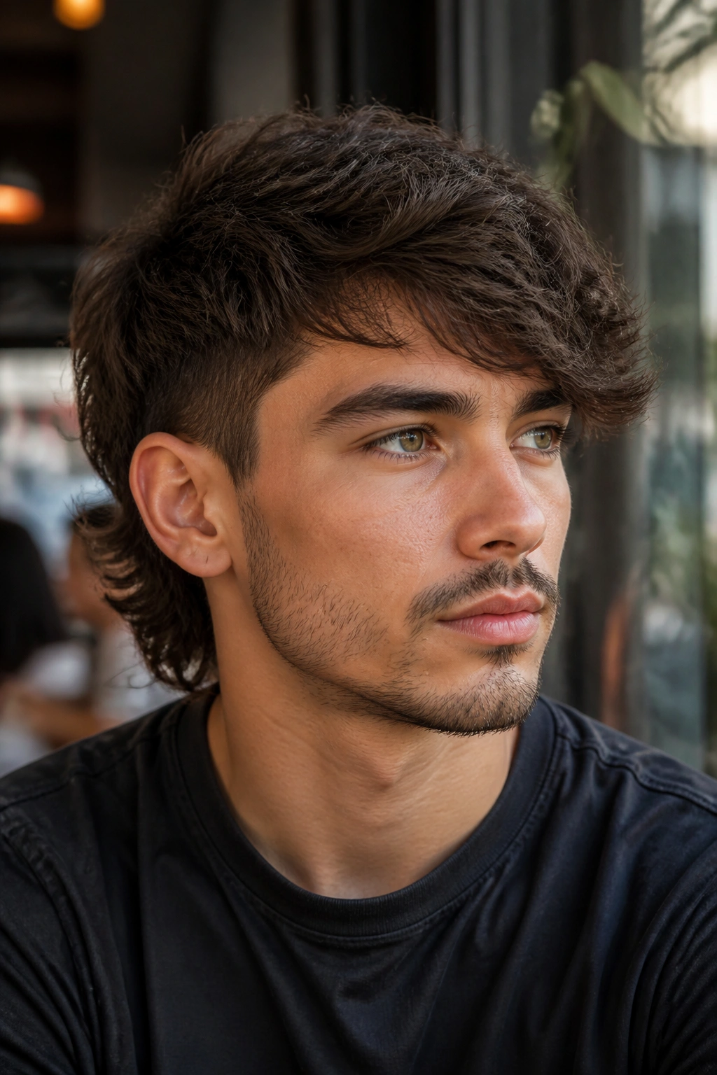 Close-up of a man with a side-swept wolf cut in an urban cafe setting.