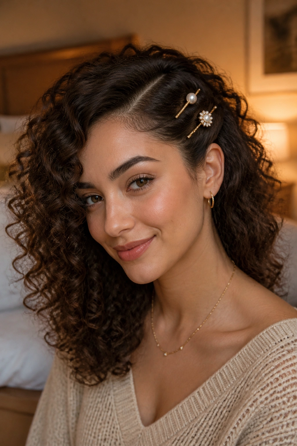 Close-up of side tuck hairstyle with decorative pins on a real person
