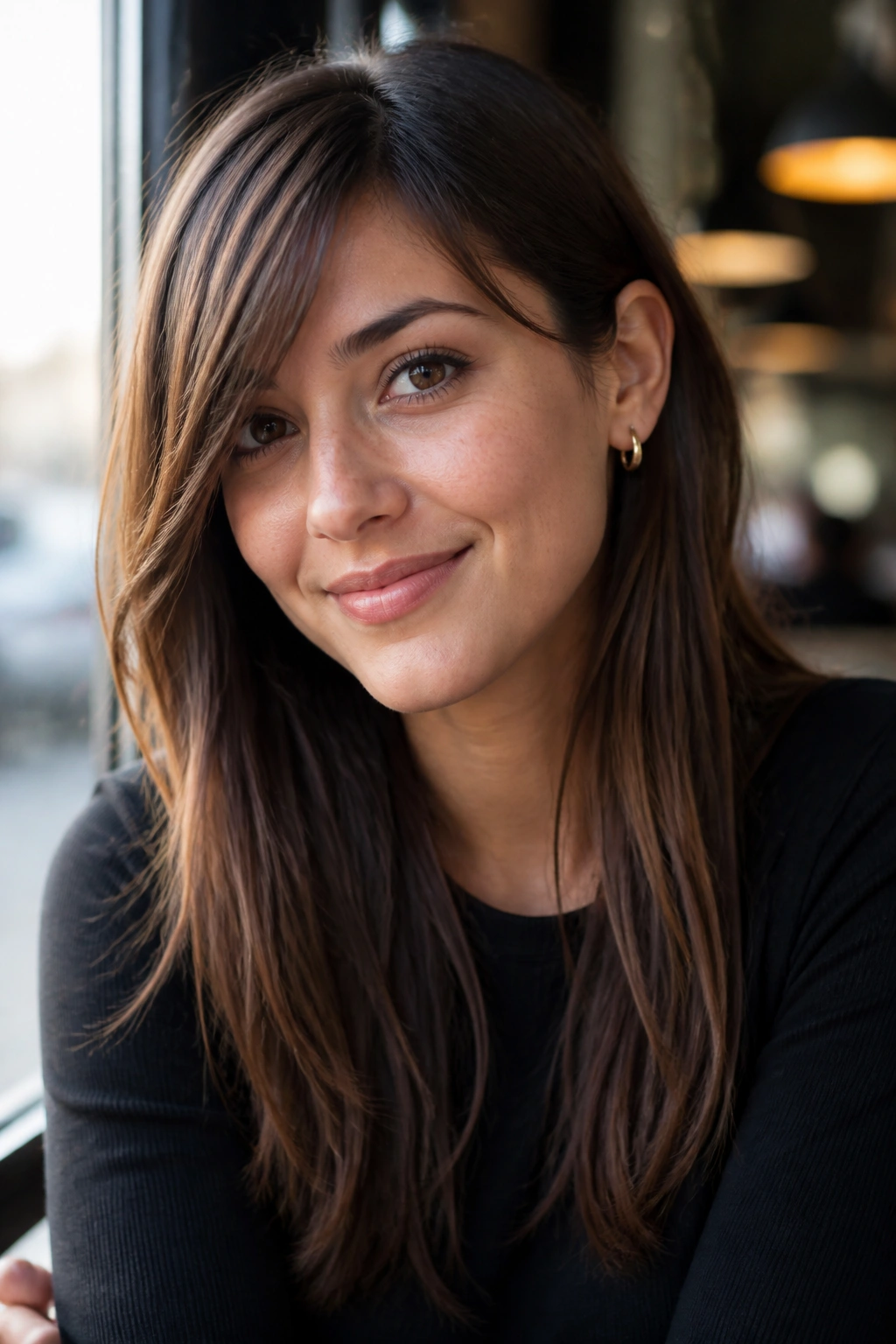 Portrait of a woman with side-tucked long bangs