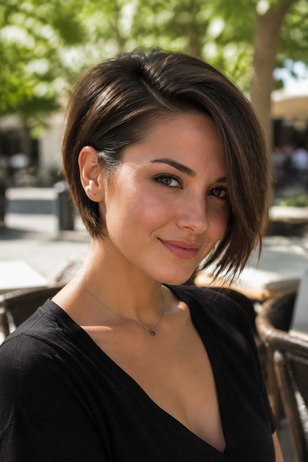 Close-up portrait of a real person with side-tucked stacked bob behind one ear