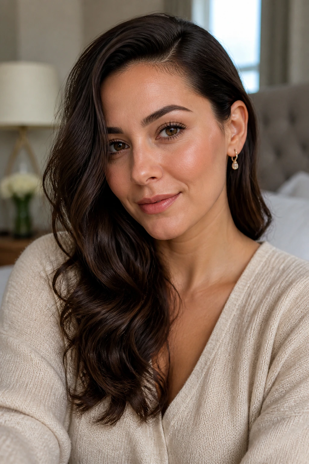 Close-up of a woman with a side-tucked wave hairstyle exposing one ear