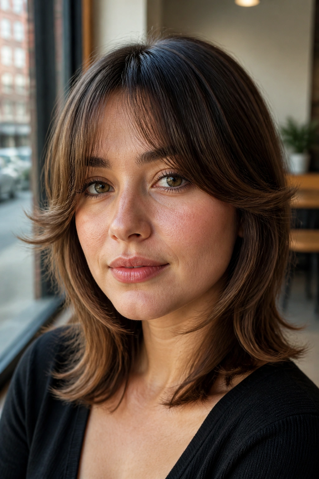Real woman with subtle side-wing bangs in cafe light