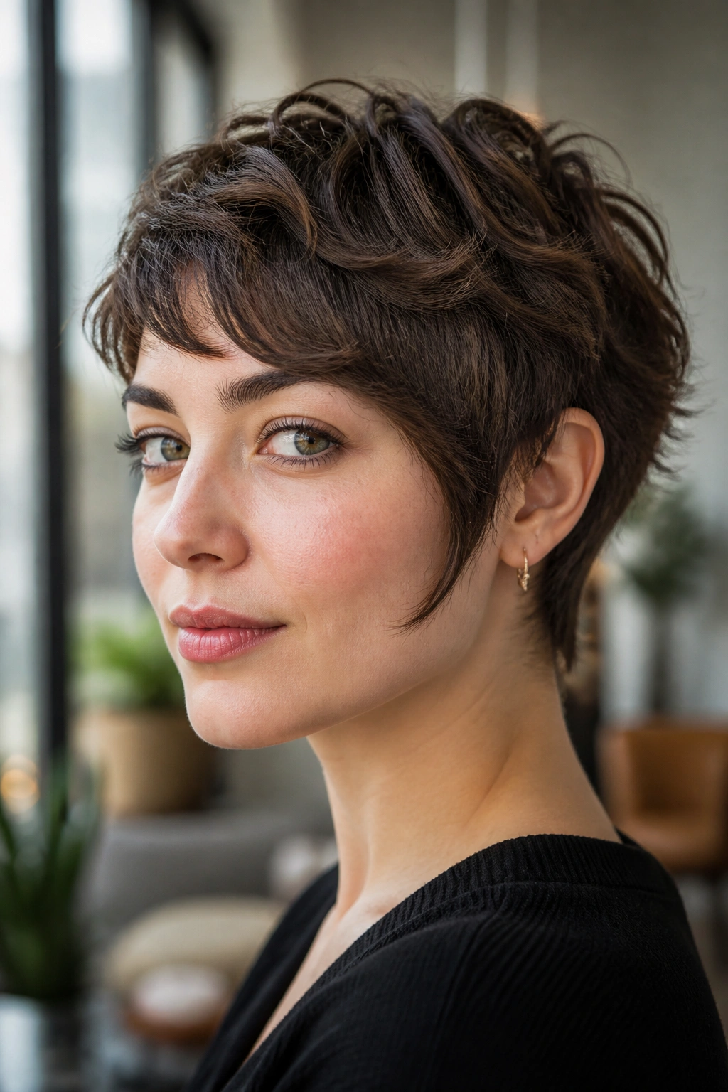 Portrait of a real person with sideburn-forward pixie