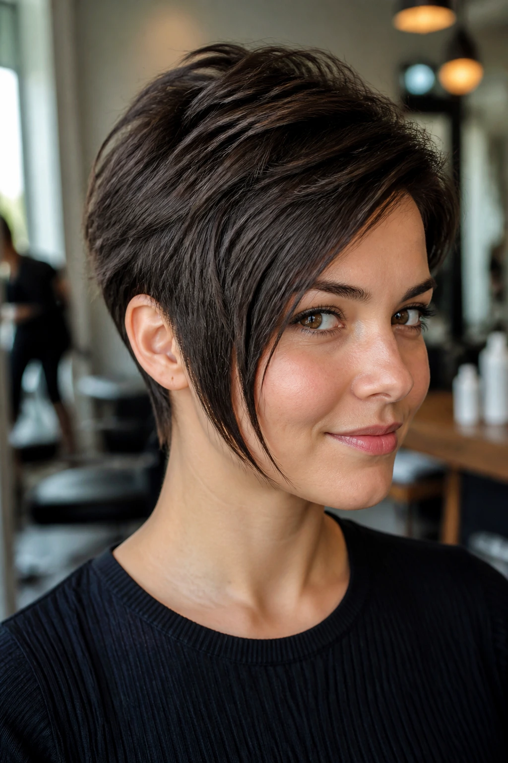 Close-up of a real woman with sideburn-forward pixie and face-framing pieces