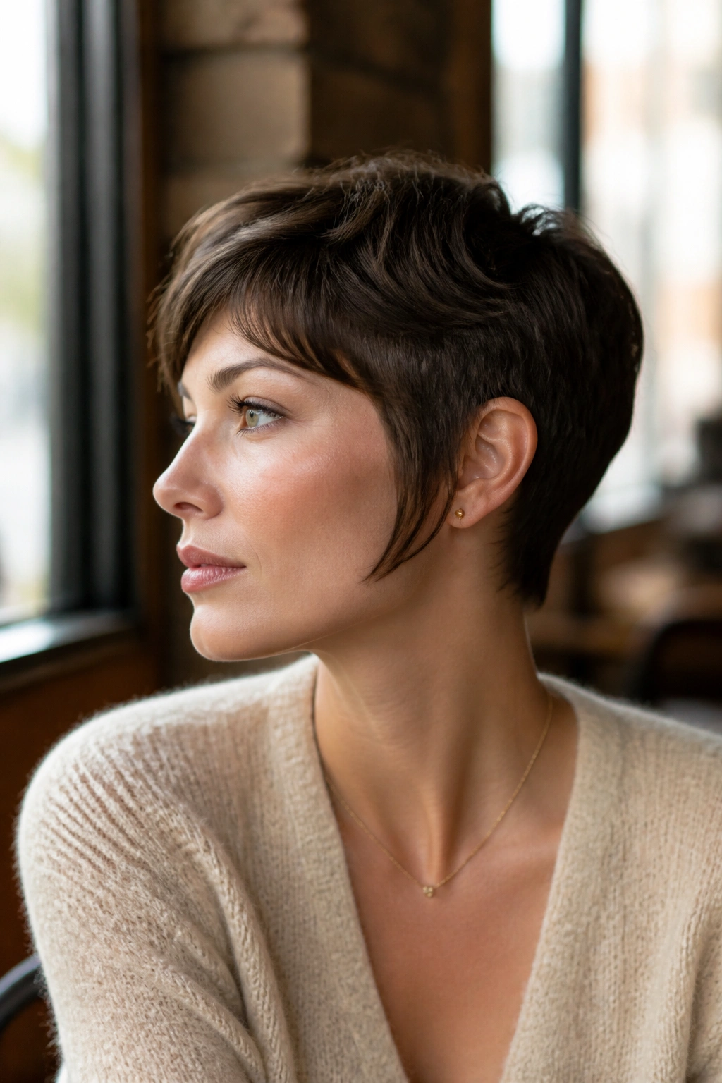 Close-up portrait of a real woman with a sideburn-forward pixie hairstyle by cafe window