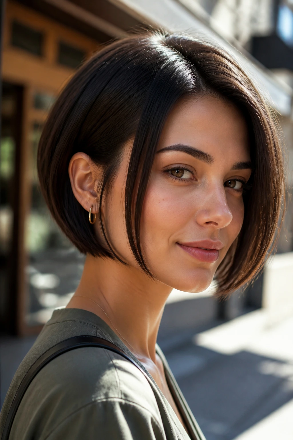 Portrait of a real woman with jaw-length sideburn-framing pieces in a bob