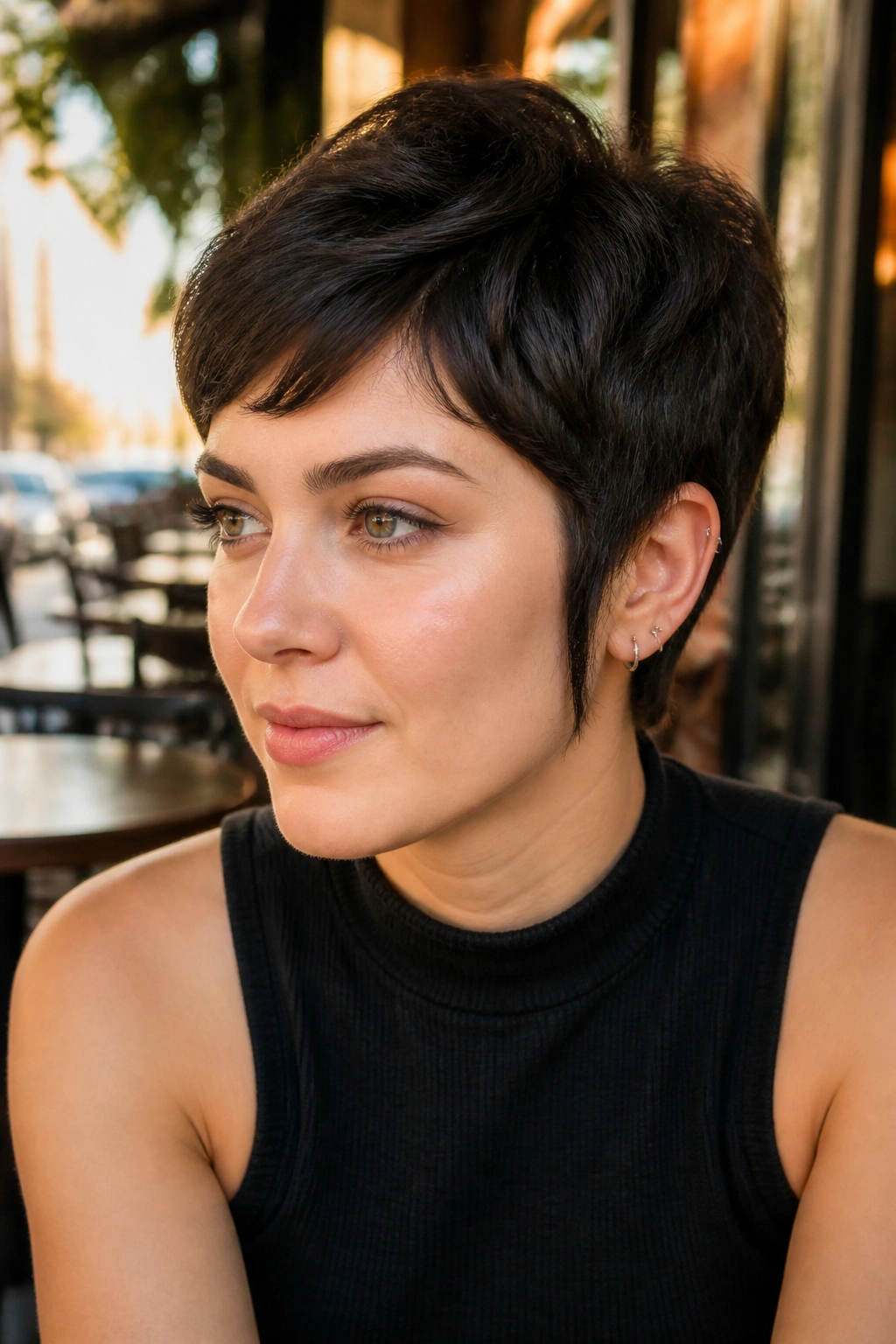Real woman with sideburn-framing pixie, temples accentuated.