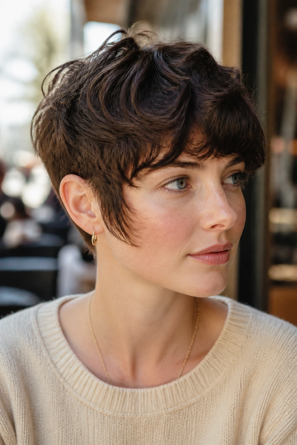 Close-up of a real woman with sideburn-forward pixie hairstyle
