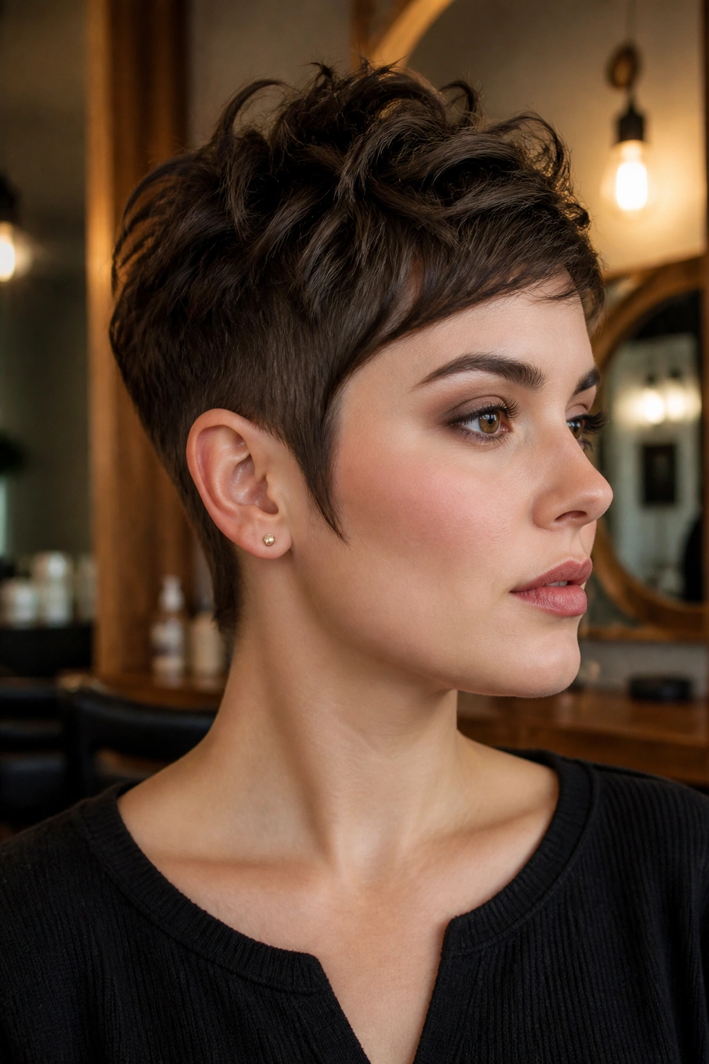 Close-up of a real person with a sideburn-focused pixie in a stylish barber shop.