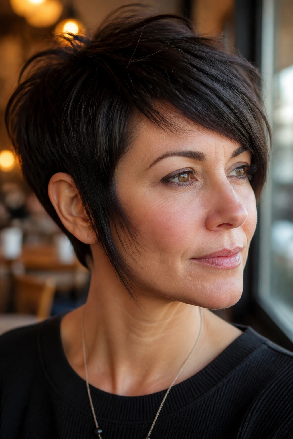 Portrait of a woman with long tapered sideburns in an asymmetrical pixie