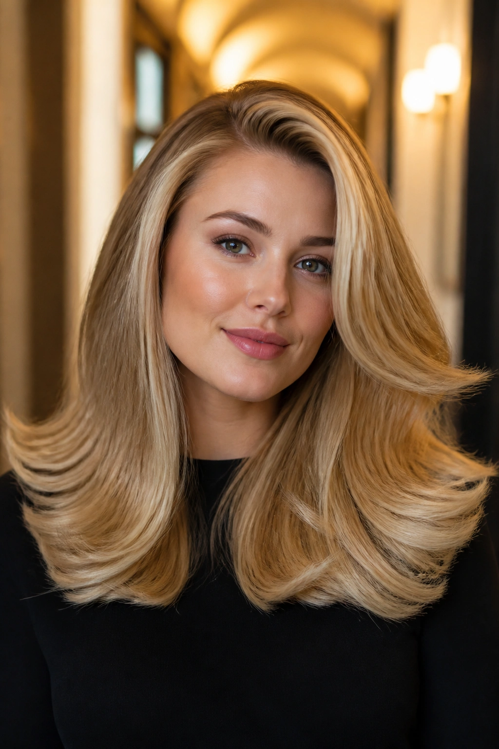 Real woman with side-part blowout and big ends for a round face