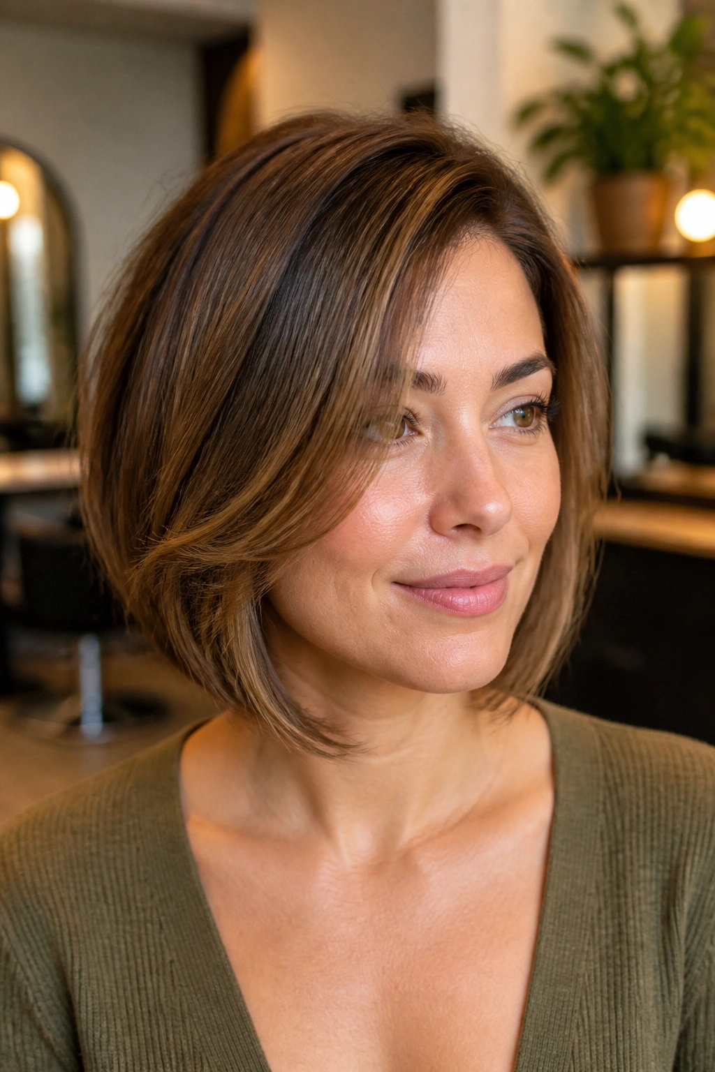 Close-up of a woman with a side-parted layered bob under warm salon lighting