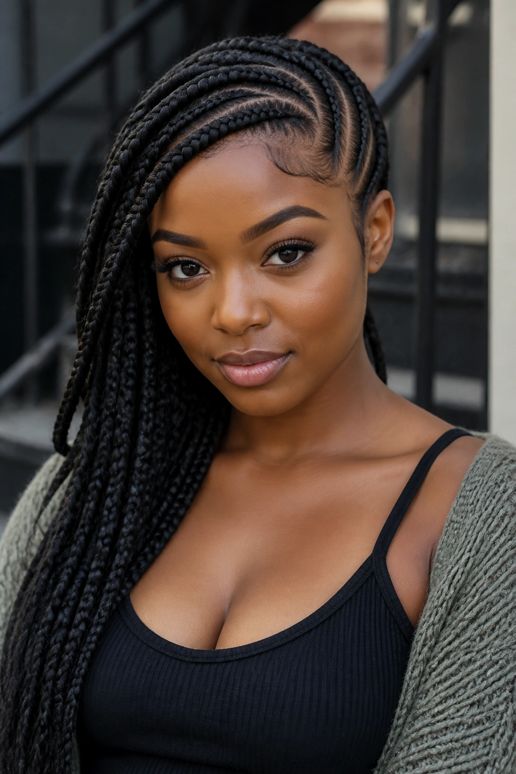 Close-up of a woman with sideswept feed-in braids across the head.