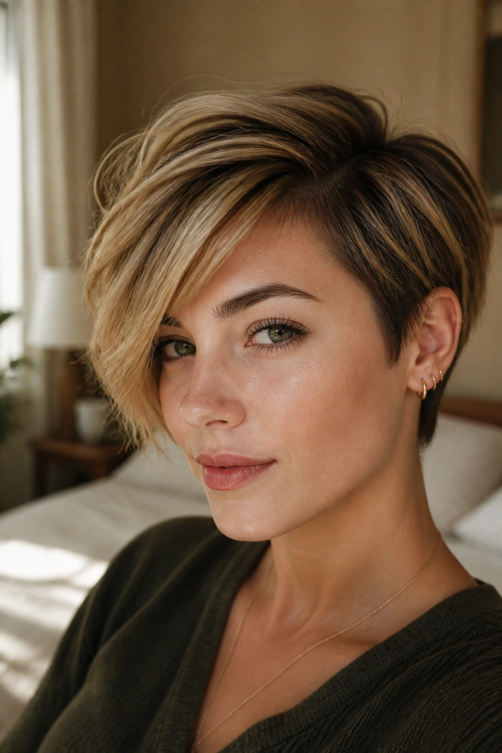 Close-up portrait of a real person with a sideswept fringe pixie-bob hairstyle