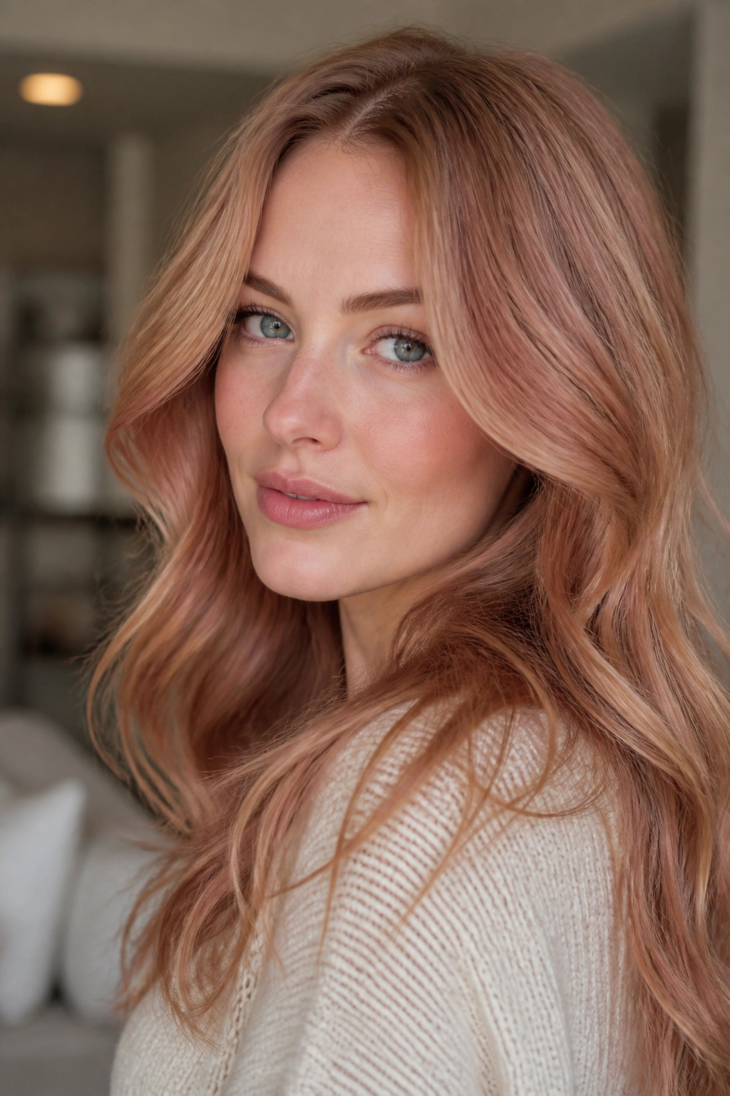 Close-up portrait of a real woman wearing Sienna Rose Blonde in natural light