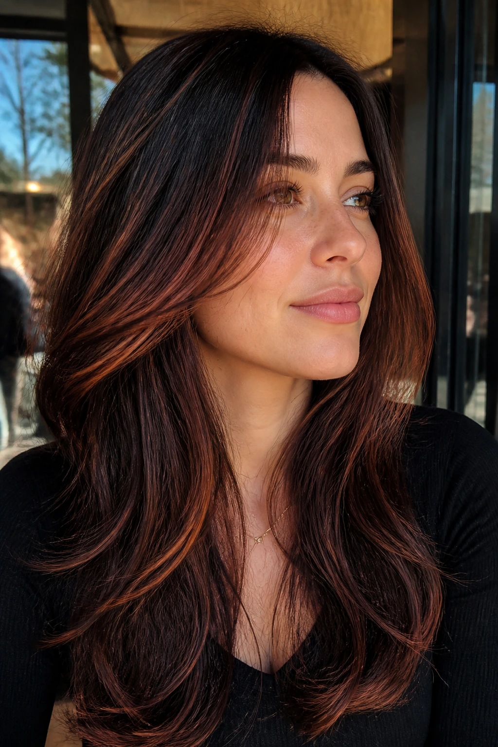 Layered brunette with diagonal sienna slices through midlengths