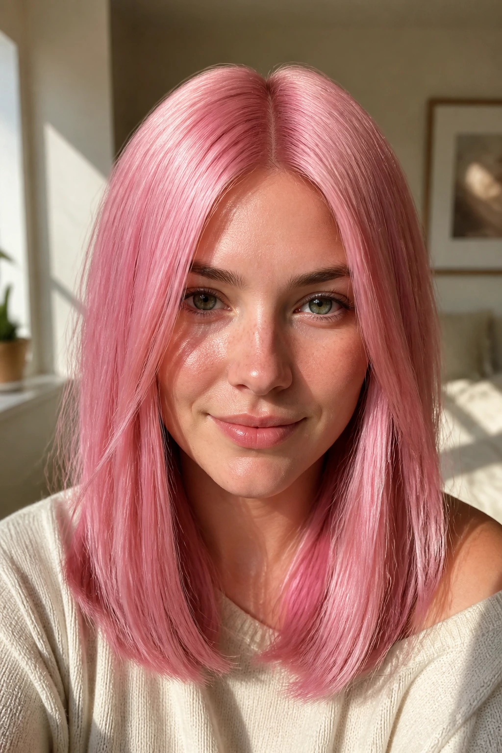 Close-up of a real person with silk pink center-part hair.