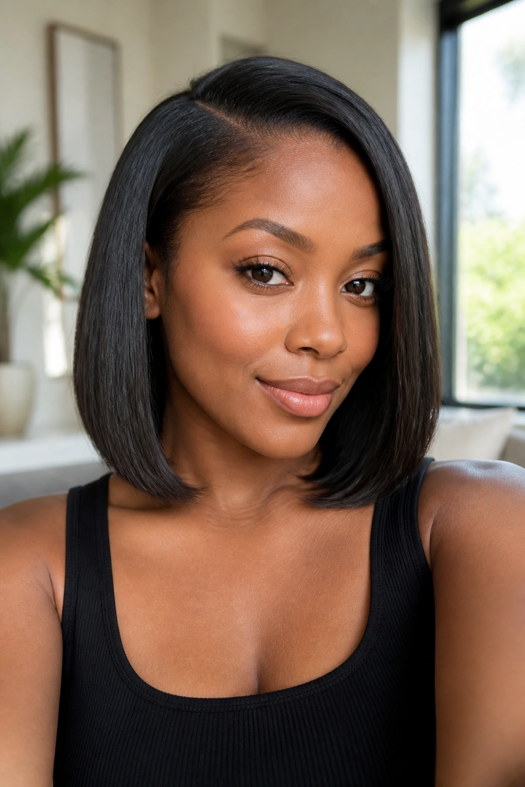 Real woman with sleek silk press lob hairstyle
