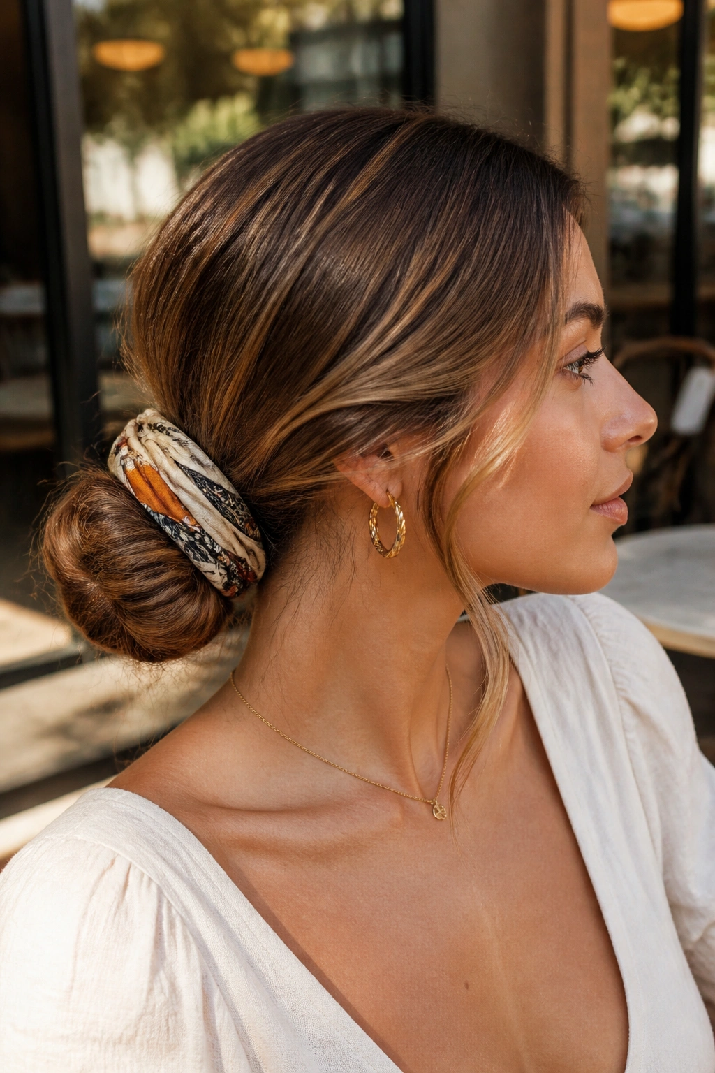 Close-up of a real woman with a silk scarf wrapped low bun in bright outdoor light