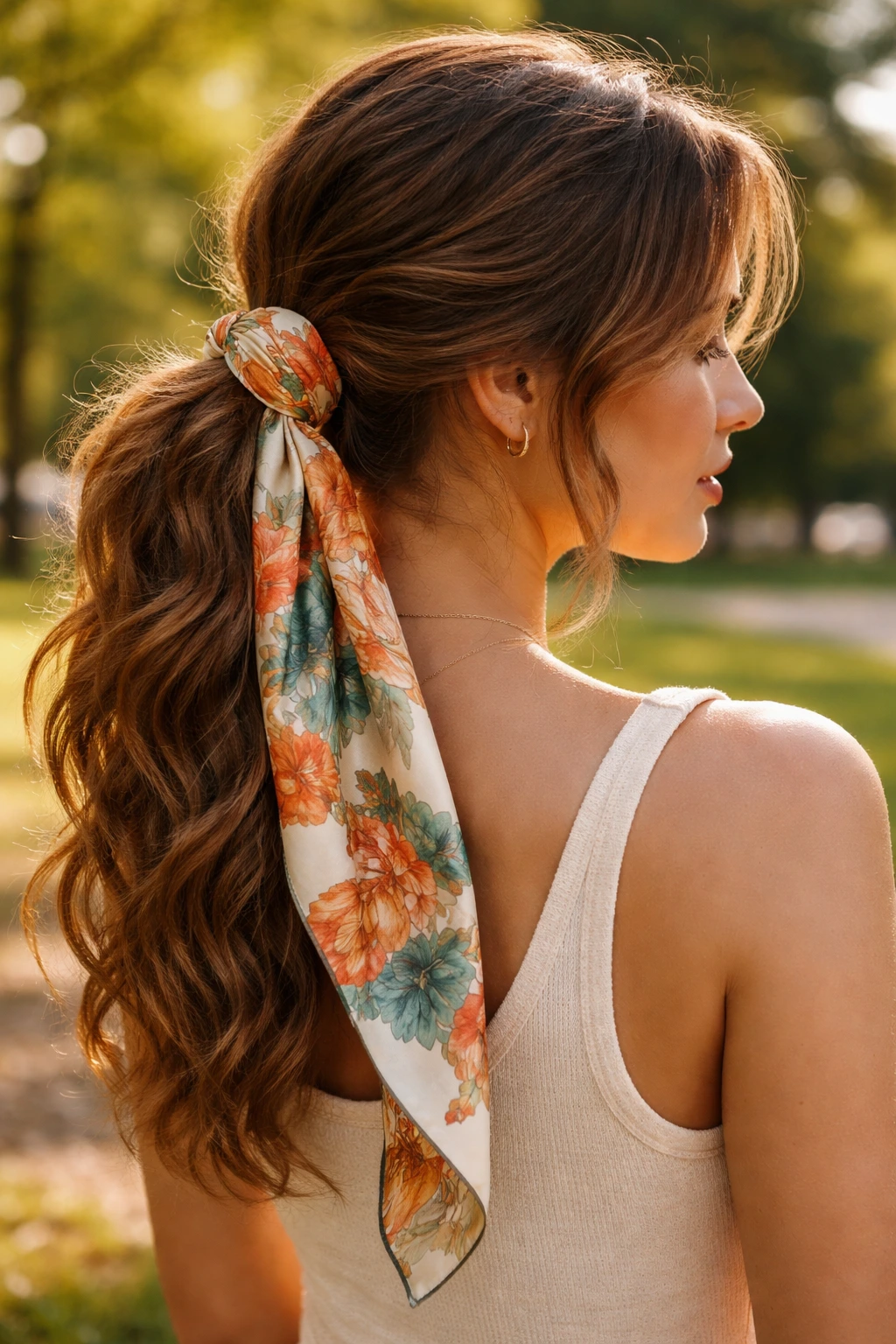 Close-up portrait of a real woman with a silk scarf wrap and loose ends