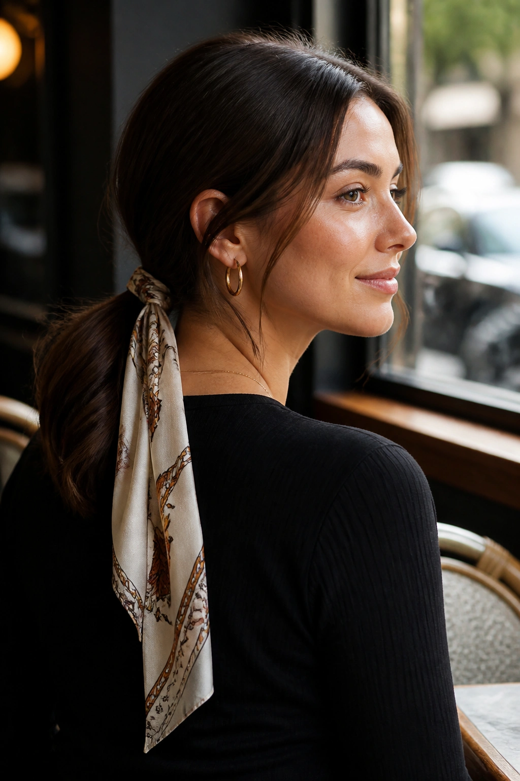 Portrait of a woman with a silk-scarf low ponytail in a sunny cafe.