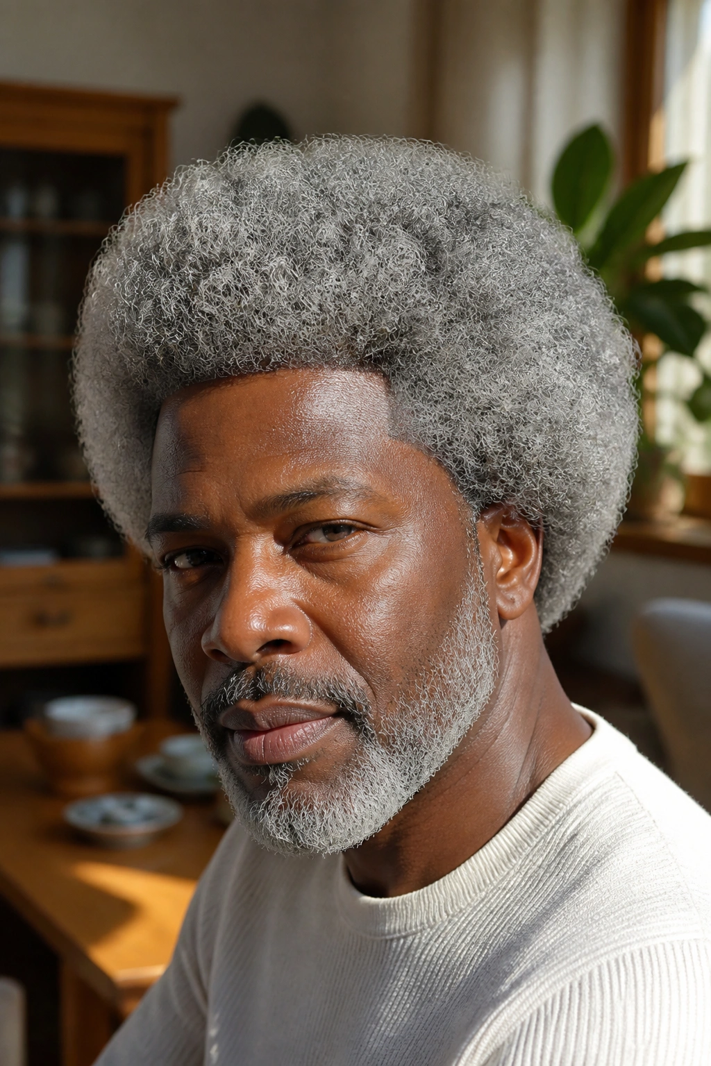 Close-up portrait of a man with a silver afro hairstyle in a sunlit living room